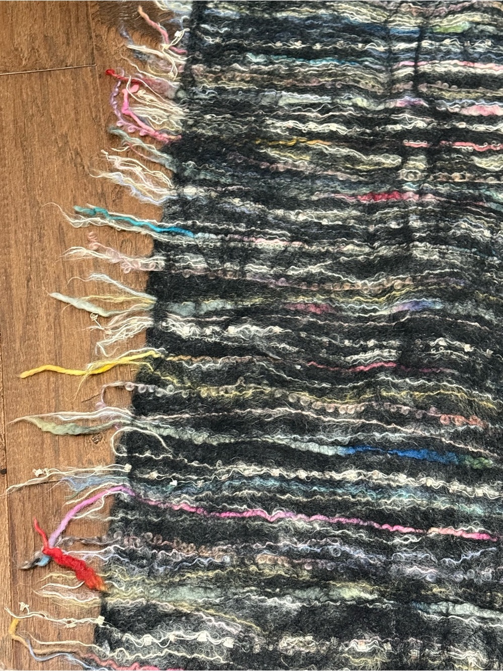 Wool Silk Blend Textured Multi Color Fringe Scarf Black Bohemian - Picture 5 of 6
